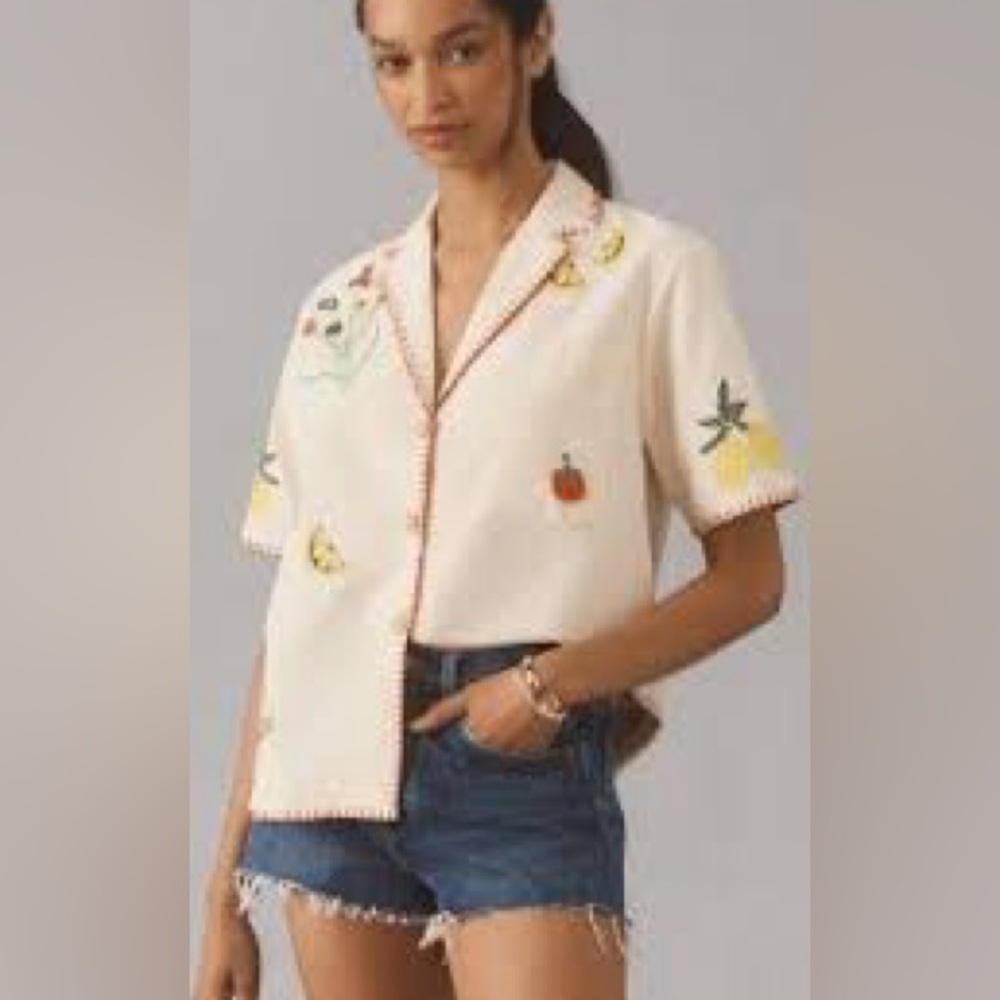 Hunter Bell Embroidered Cream Polly camp Shirt - Picture 11 of 11